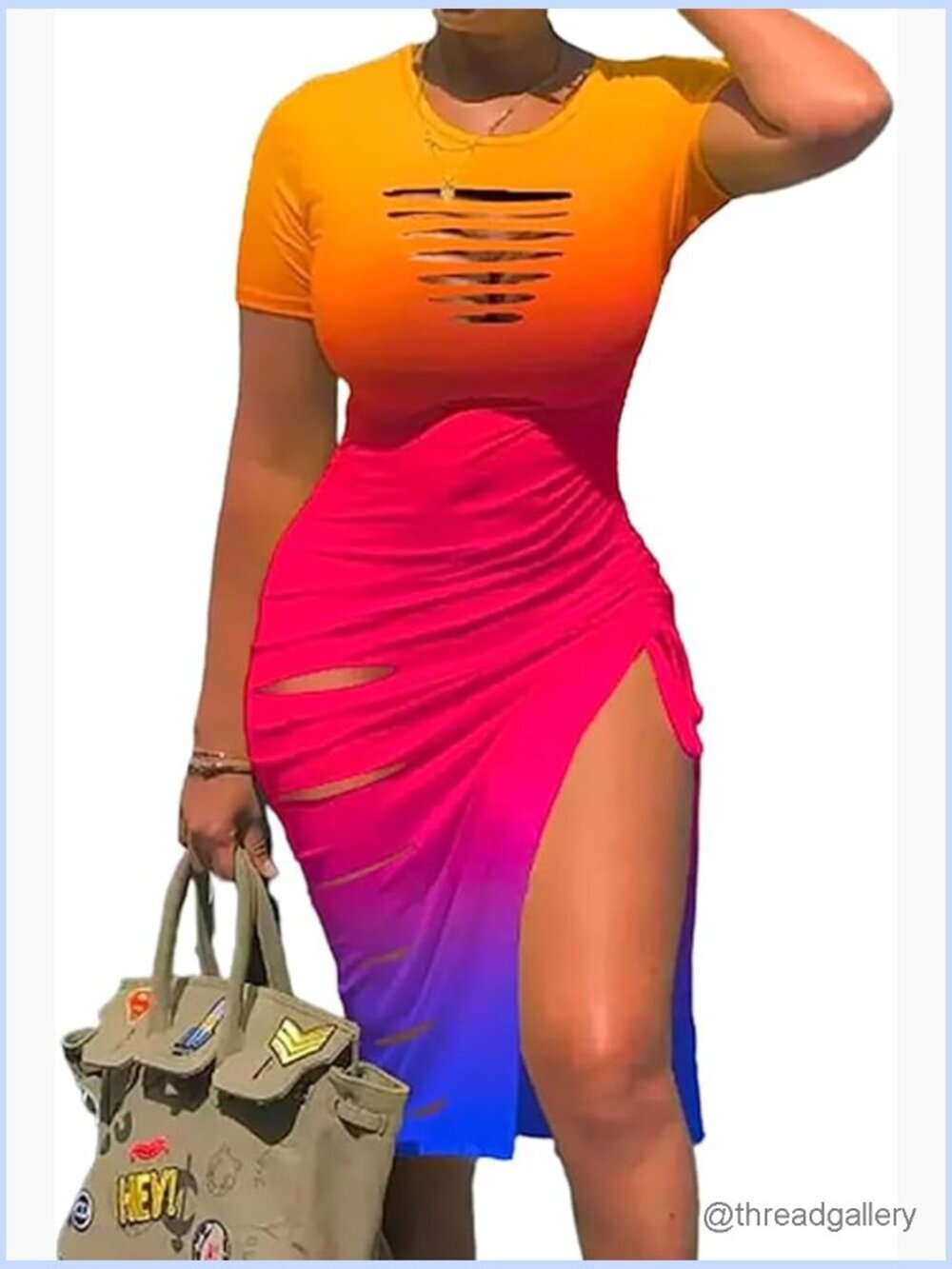 Cut Out Hollow Out Ruched Side Slit Bodycon Midi Dress Short Sleeve Club Party